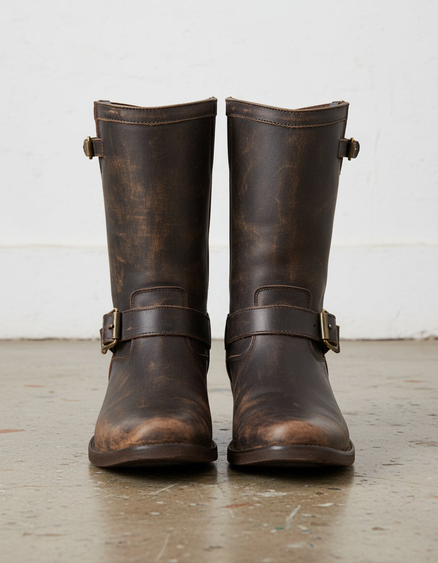 Genuine Calf Leather Men's Cowboy Tall Ankle Boots Dark Brown - front-view