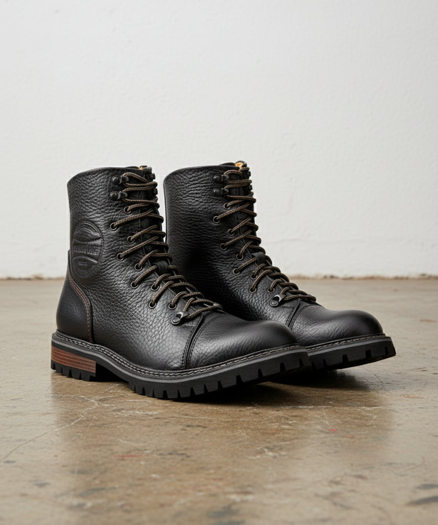 Genuine Calf Leather Men's High Ankle Biker Boots - angle-view-showing-depth