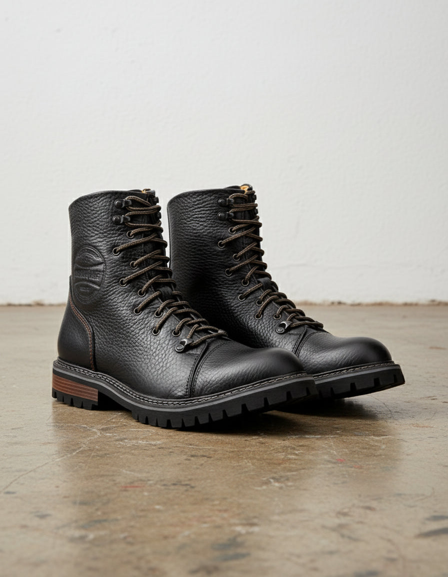 Genuine Calf Leather Men's High Ankle Biker Boots - angle-view-showing-depth