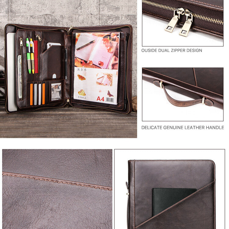 Genuine Crazy Horse Leather Waterproof Laptop Briefcase with Phone Pocket a