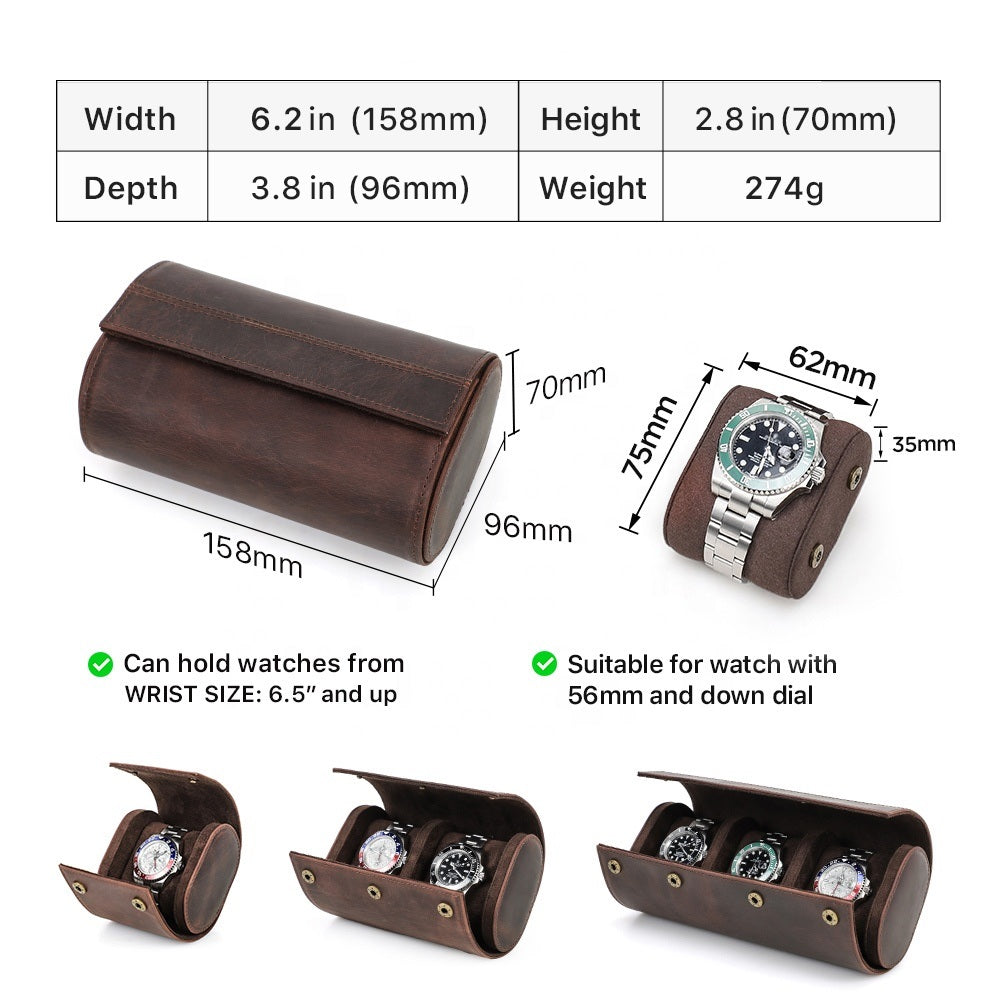 Genuine Leather 2 Slots Portable Watch Roll Case