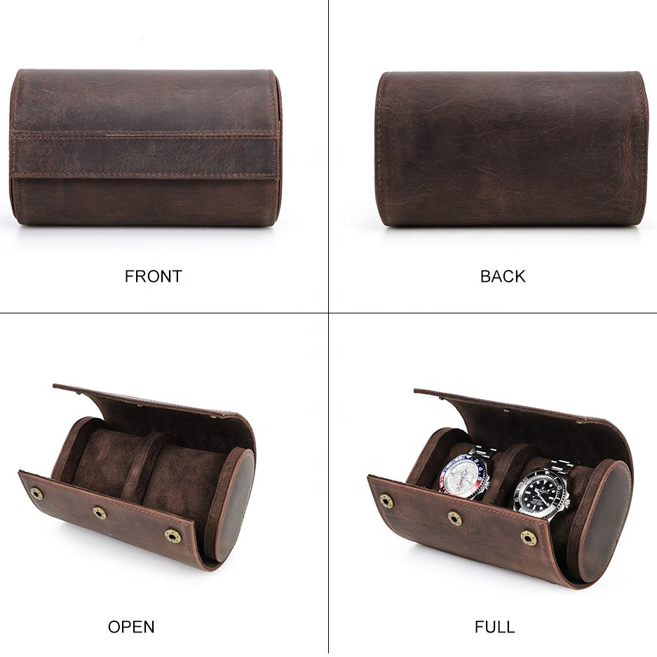 Genuine Leather 2 Slots Portable Watch Roll Case