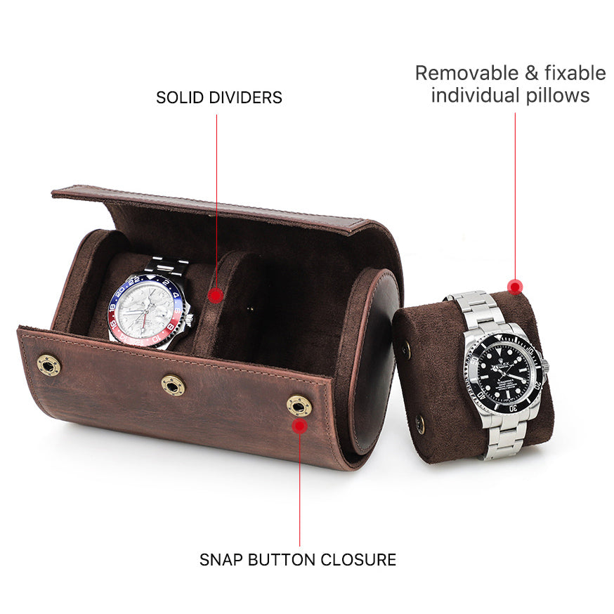 Genuine Leather 2 Slots Portable Watch Roll Case