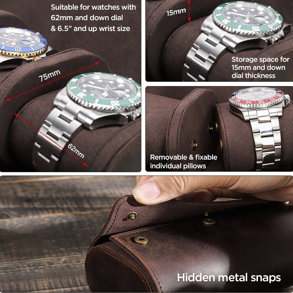 Genuine Leather 2 Slots Portable Watch Roll Case