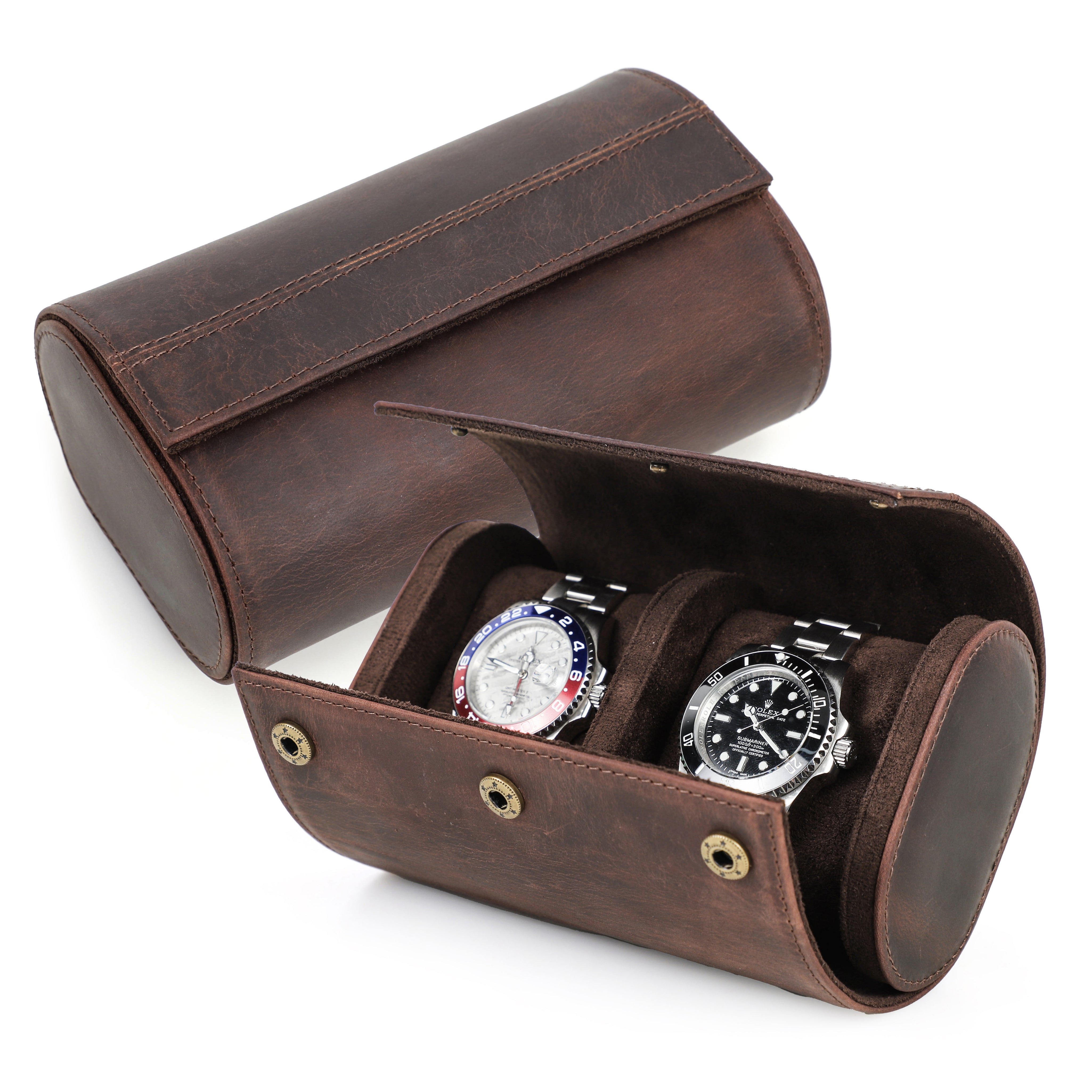 Genuine Leather 2 Slots Portable Watch Roll Case