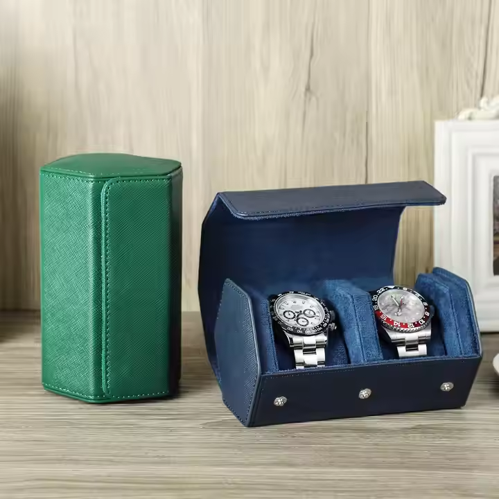 Genuine Leather 2 Slots Watches Display Organizers With Removable Pouches