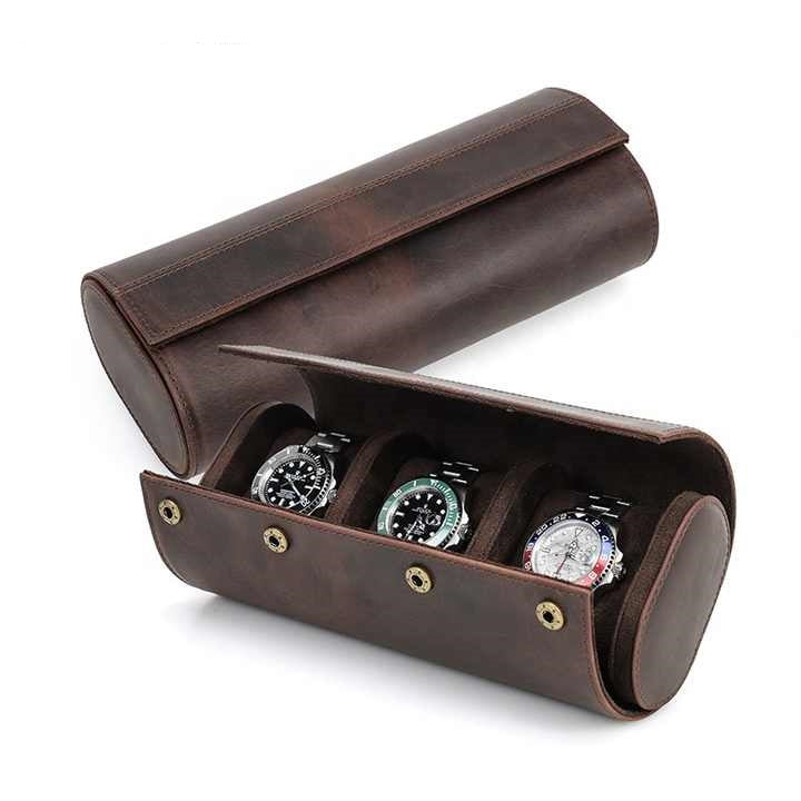 Genuine Leather 3 Slots Portable Watch Roll Case