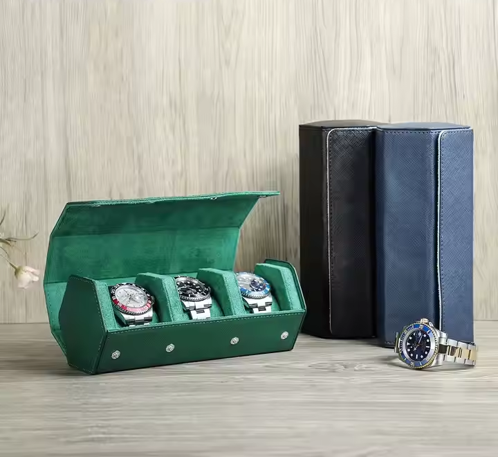 Genuine Leather 3 Slots Watches Display Organizers With Removable Pouches