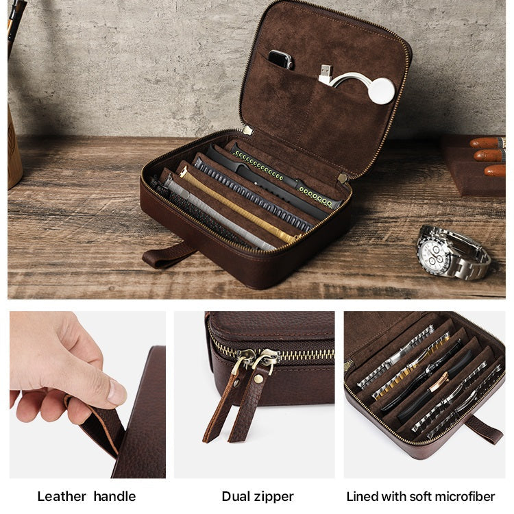 Genuine Leather 6 Slots Portable Watch Band Case