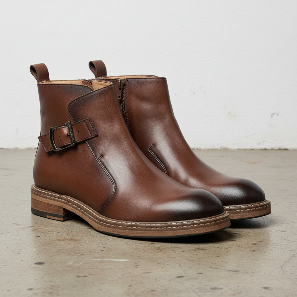 Genuine Leather Ankle Boots for Men, Handcrafted Buckle Strap & Zipper Style - angle-view-showing-depth