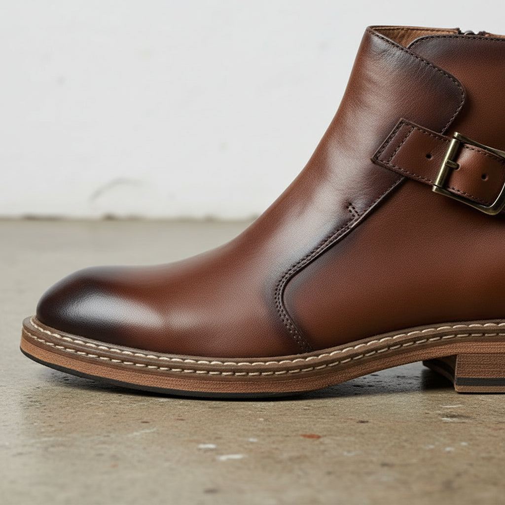 Genuine Leather Ankle Boots for Men, Handcrafted Buckle Strap & Zipper Style - detail-view-showing-texture