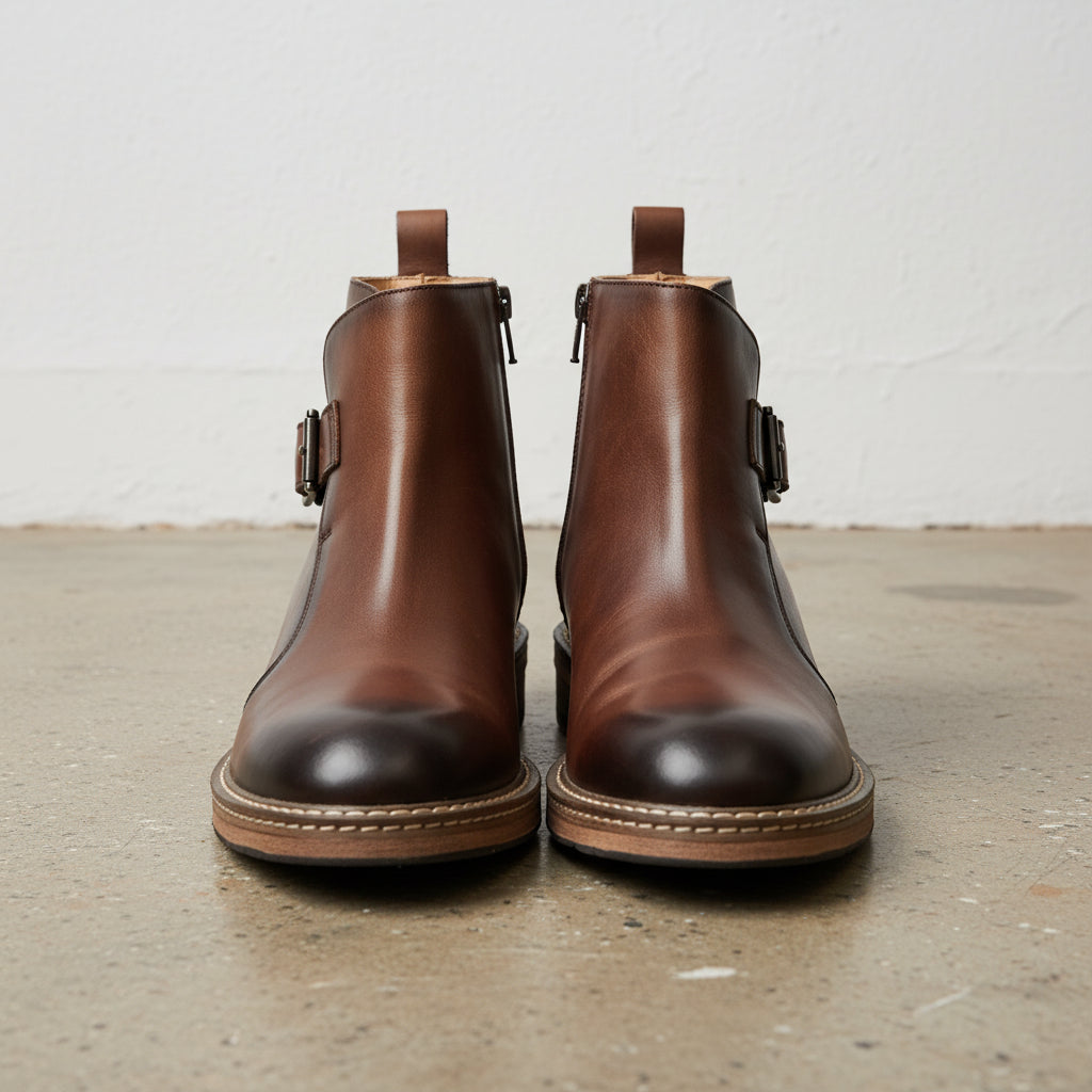 Genuine Leather Ankle Boots for Men, Handcrafted Buckle Strap & Zipper Style - front-view