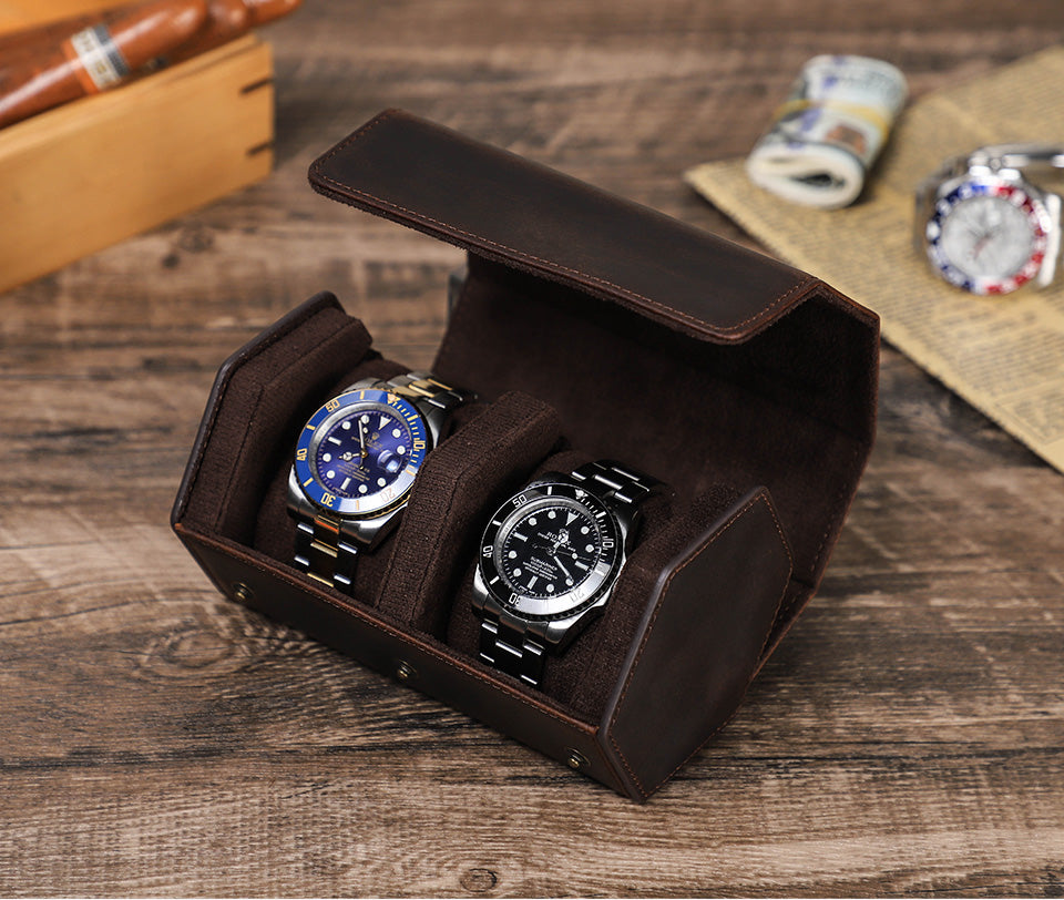 Genuine Leather Hexagonal Design 2 Slots Watch Roll Case Holder