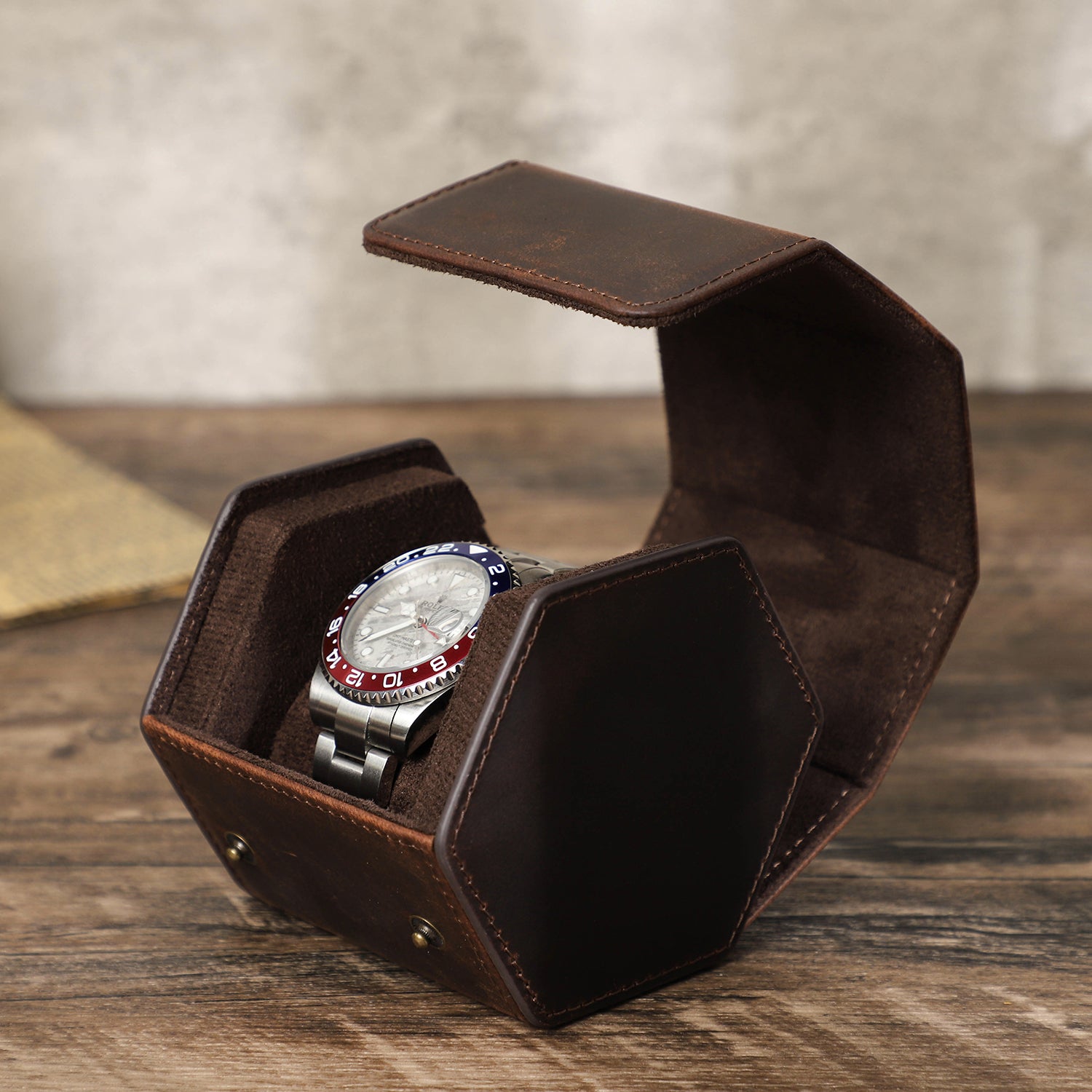 Genuine Leather Hexagonal Design Single Watch Roll Case Holder