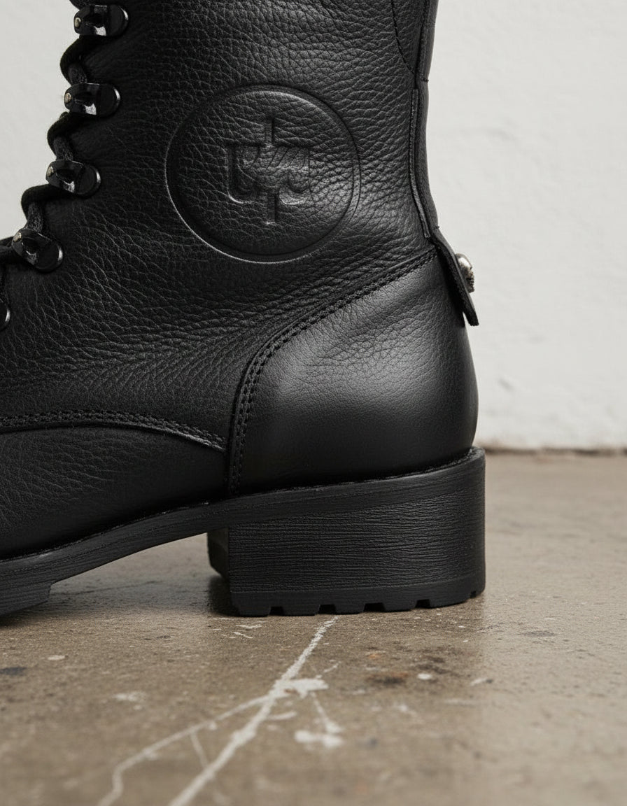 Genuine Leather High Ankle Heavy Duty Biker Women's Boots - detail-view-showing-texture