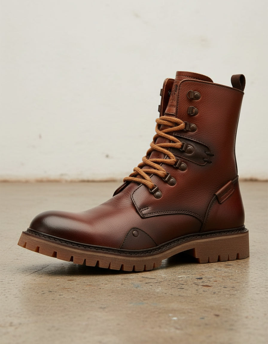 Genuine Leather Men's Lace-Up High Ankle Boots - detail-view-showing-texture