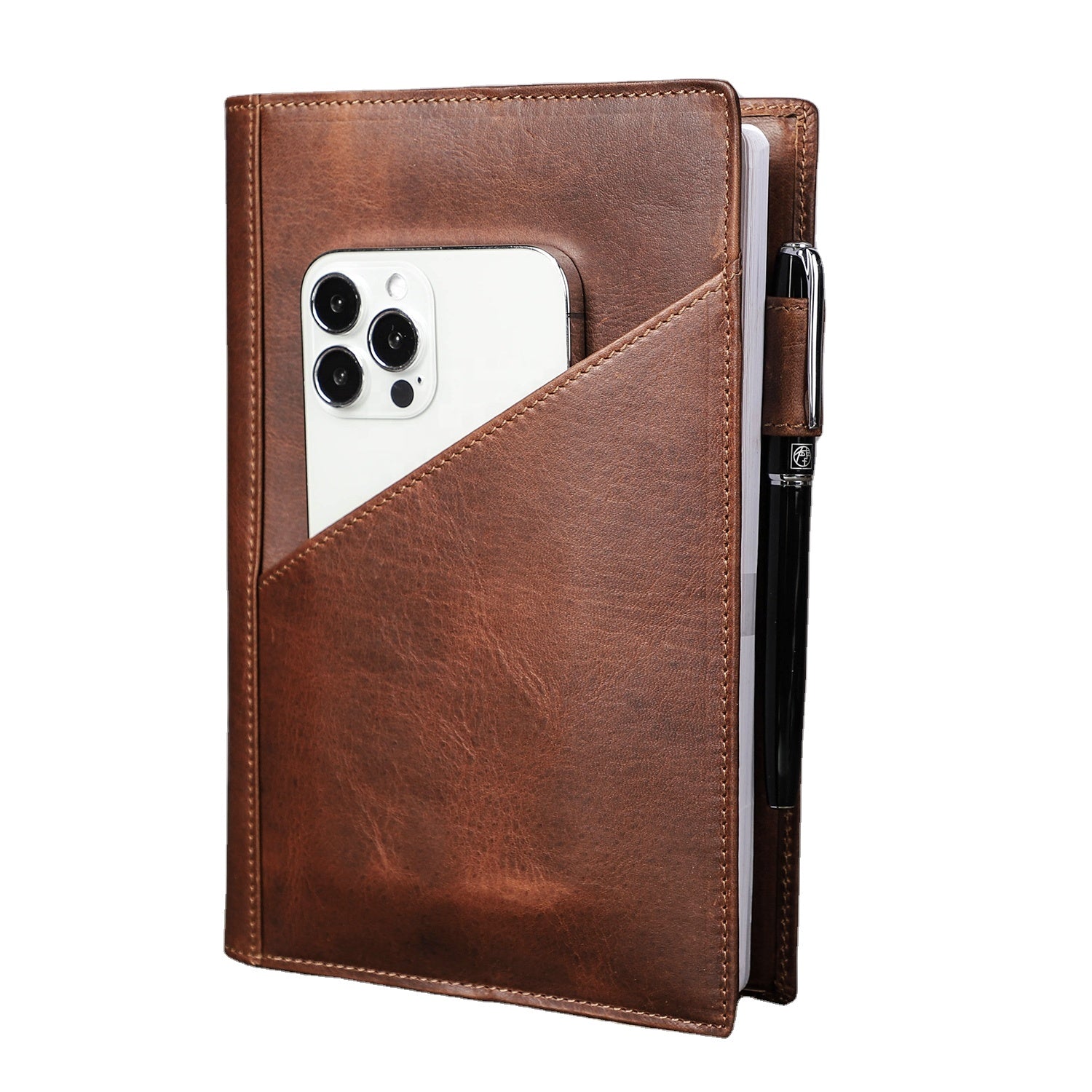 Genuine Leather Notebook Cover with Phone Pocket and Pen Holder