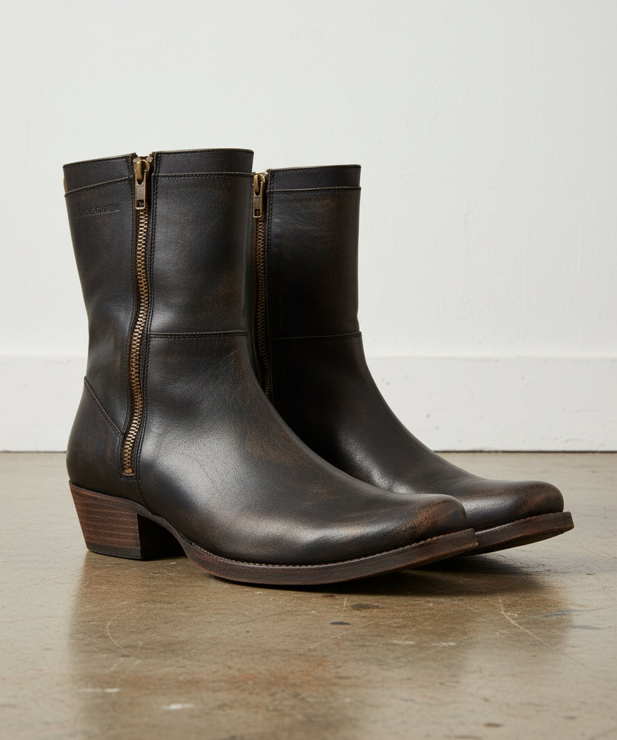 Genuine Leather Side Zipper Men's Western Boots - angle-view-showing-depth