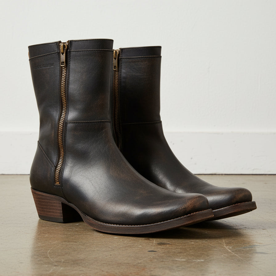 Genuine Leather Side Zipper Men's Western Boots - angle-view-showing-depth