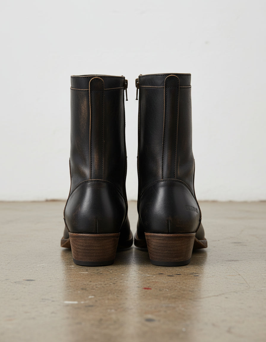 Genuine Leather Side Zipper Men's Western Boots - back-view