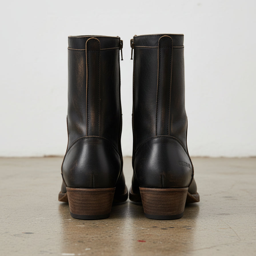 Genuine Leather Side Zipper Men's Western Boots - back-view