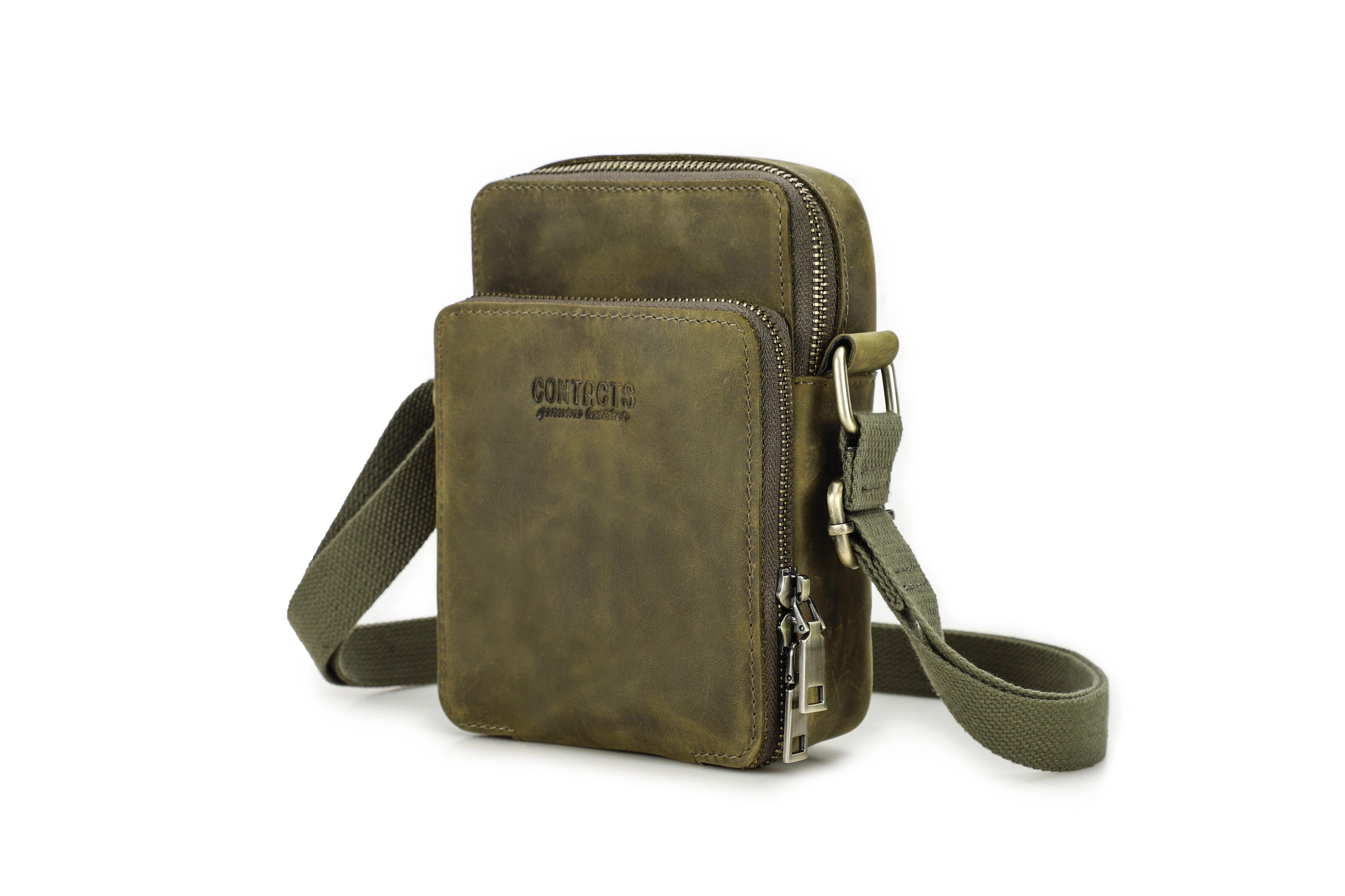 Men's Full Grain Leather Crossbody Phone Bag, Multi-Zipper Pouch for 6.7'' iPhone