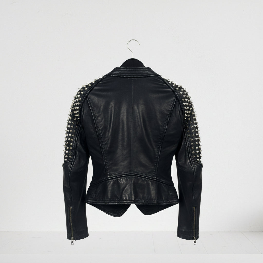 Gothic Women Black Leather Fashion Studded Jacket, Rock Fashion