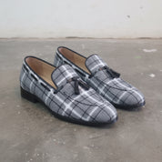 Gray Apron-Toe Tweed and Leather Tassel Loafers — Batsford
