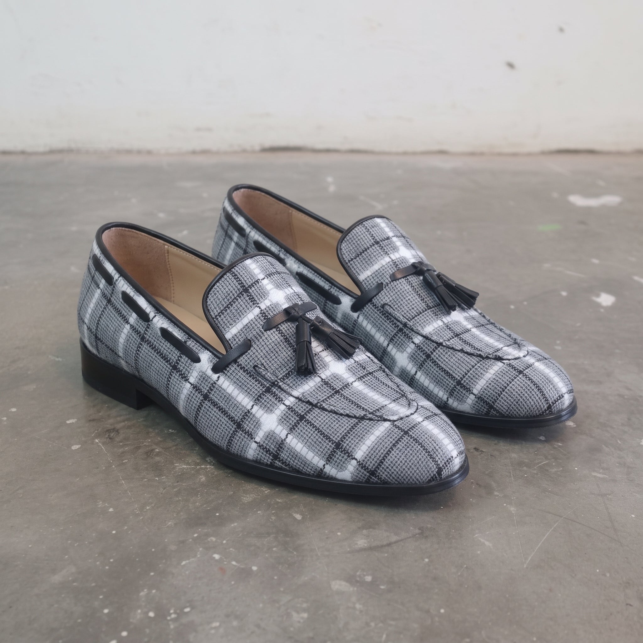 Gray Apron-Toe Tweed and Leather Tassel Loafers — Batsford