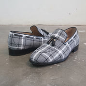 Gray Apron-Toe Tweed and Leather Tassel Loafers — Batsford