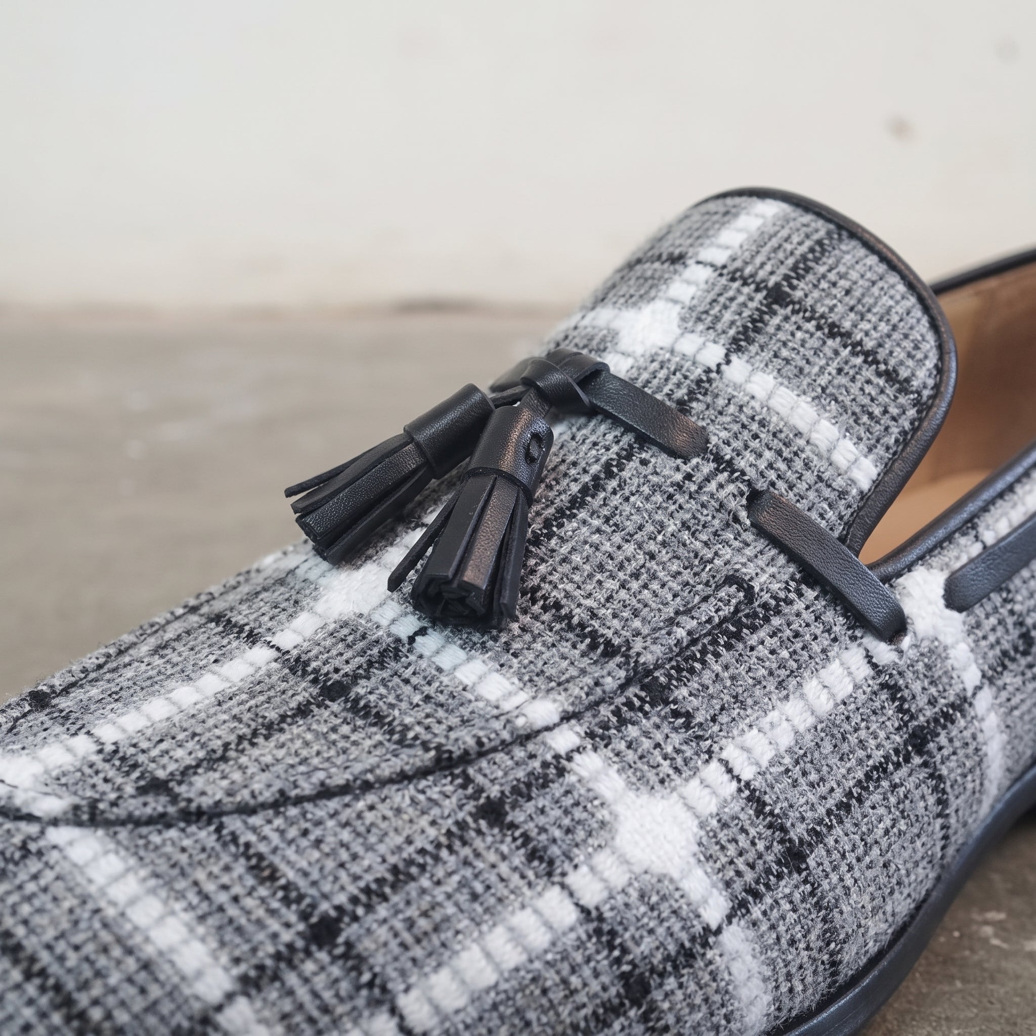 Gray Apron-Toe Tweed and Leather Tassel Loafers — Batsford