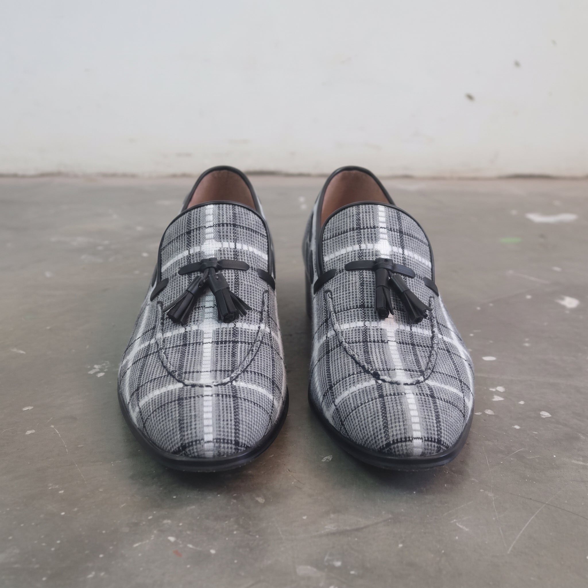 Gray Apron-Toe Tweed and Leather Tassel Loafers — Batsford