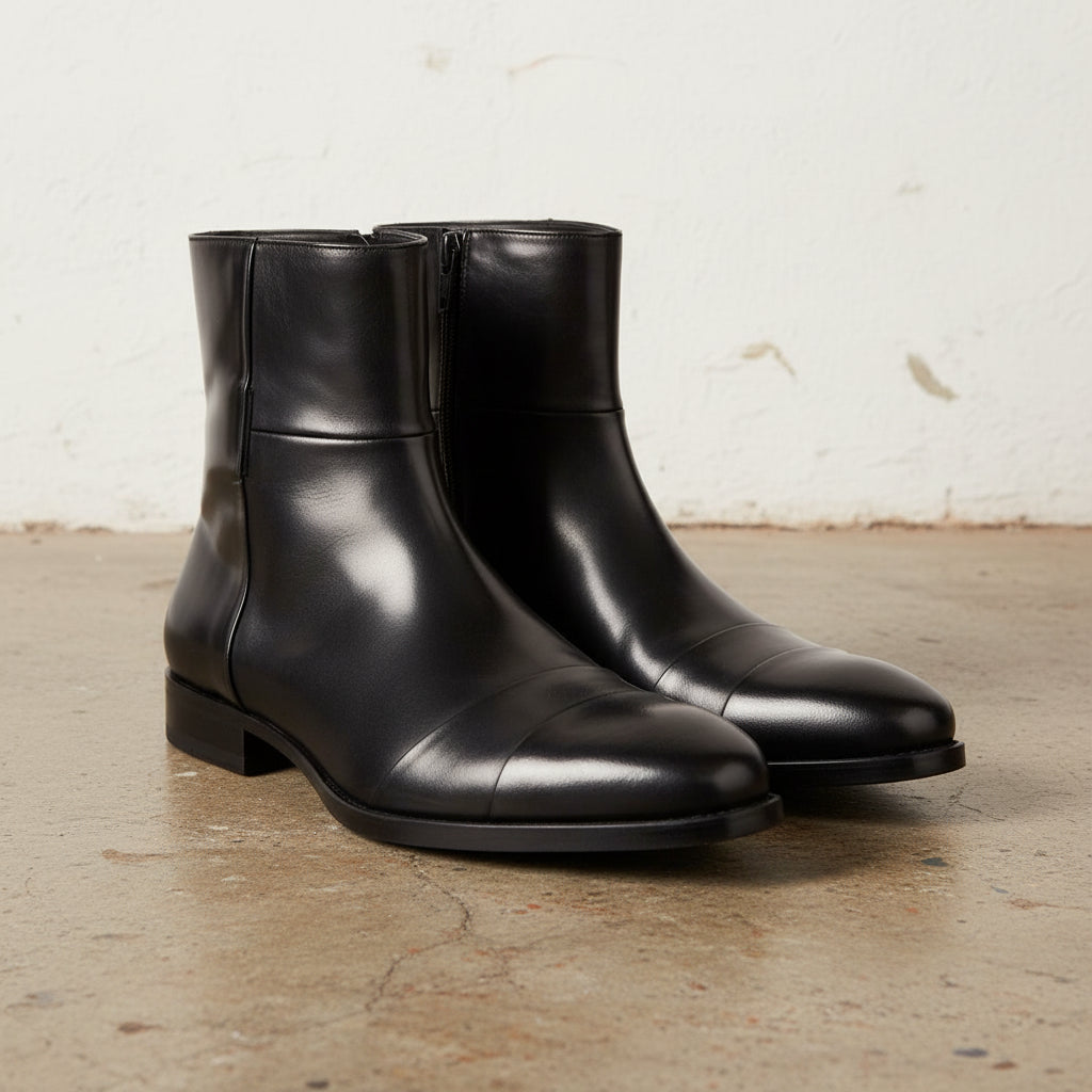 Hand crafted Men's Fashion Black Side Zipper Boot, Ankle Leather Boot - angle-view-showing-depth