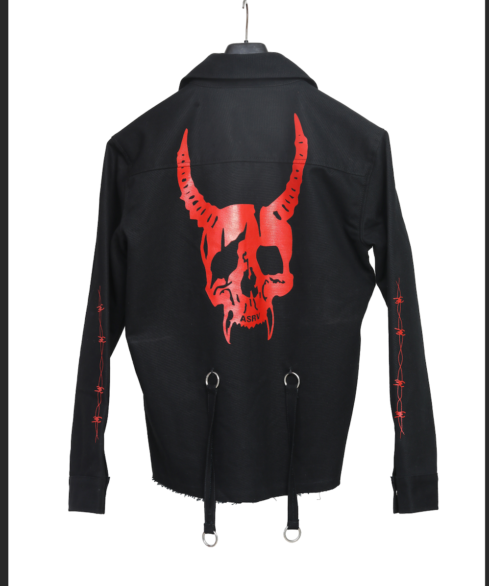 Hand sewn men denim devil jacket, Satan skull printed denim jean jacket