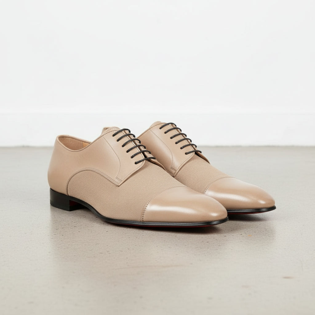 Beige-Handcrafted Black Suede and Leather Formal Men's Shoes - angle-view-showing-depth