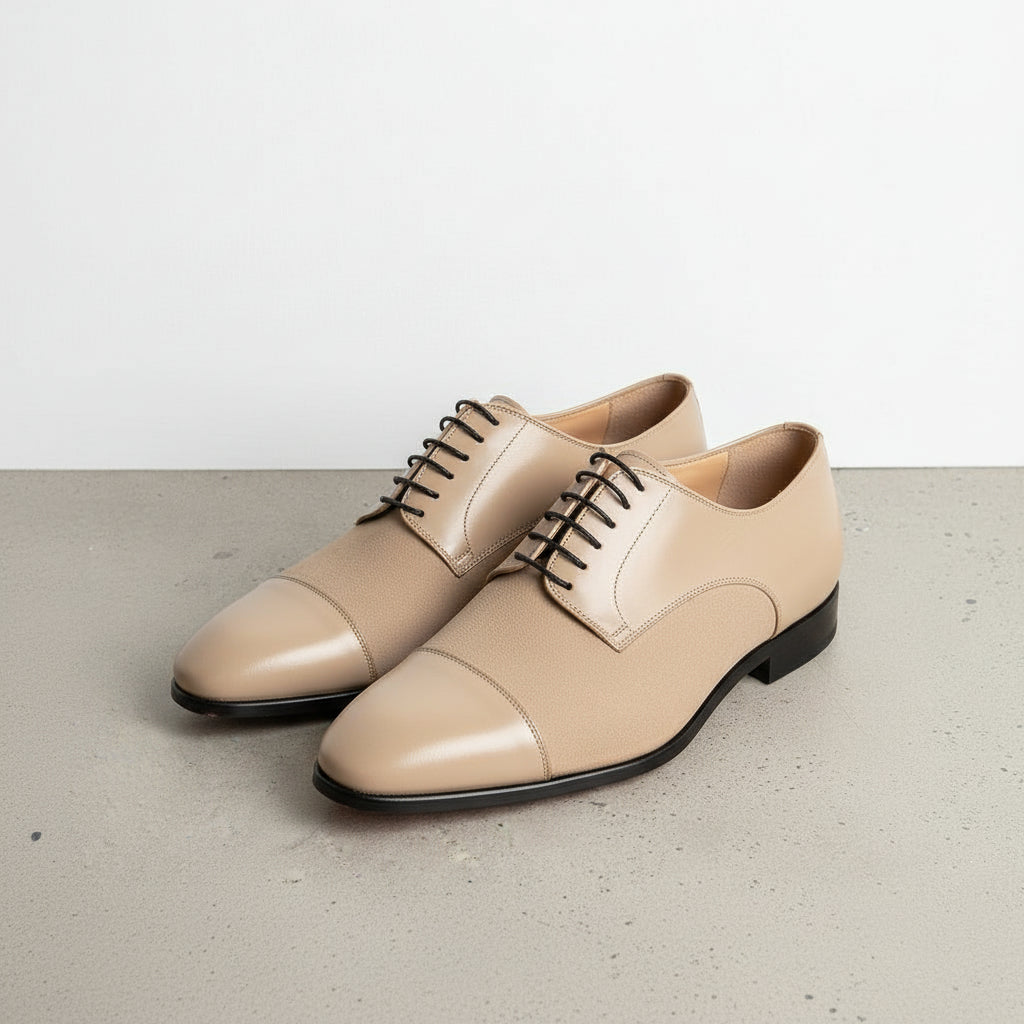 Beige-Handcrafted Black Suede and Leather Formal Men's Shoes - angle-view-showing-depth