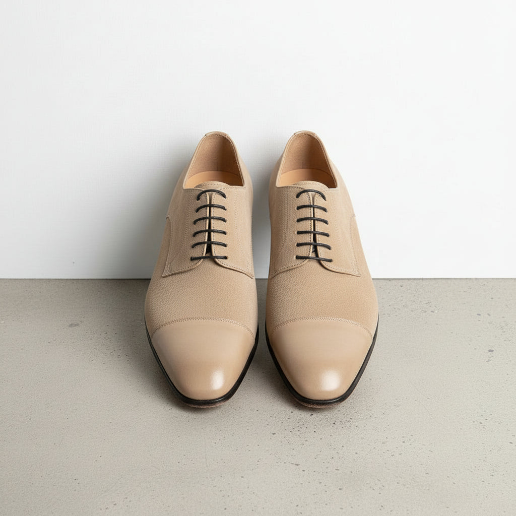 Beige-Handcrafted Black Suede and Leather Formal Men's Shoes - front-view