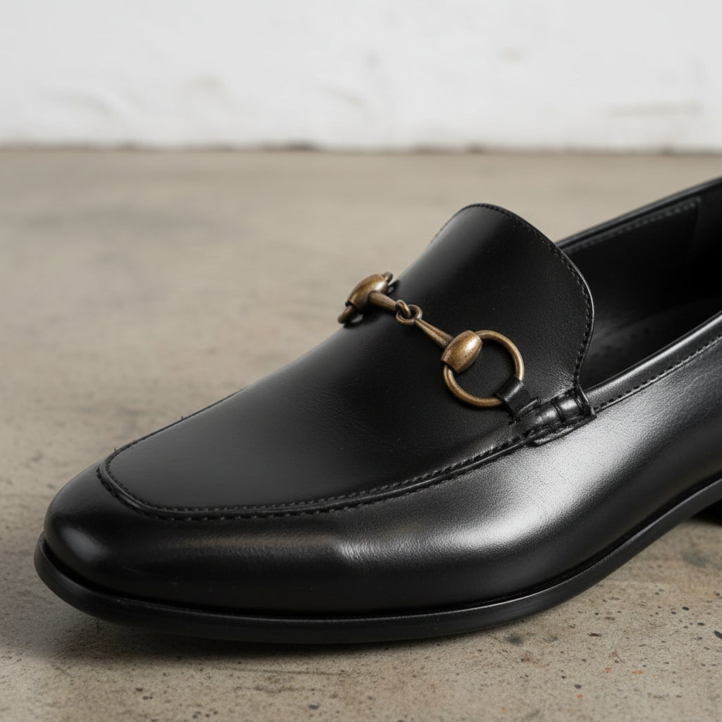 Handcrafted Men's Cow Premium Leather Horsebit Loafers - detail-view-showing-texture