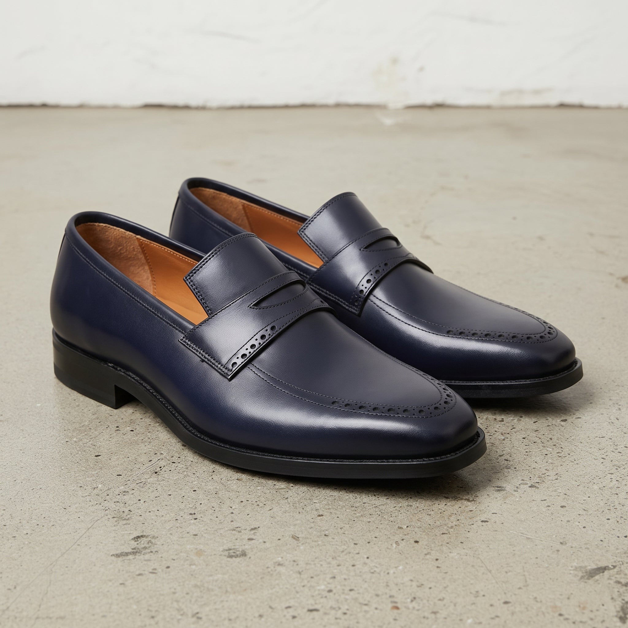 Men's Dark Blue Apron-Toe Leather Penny Loafers — Aldwych