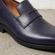 Men's Dark Blue Apron-Toe Leather Penny Loafers — Aldwych
