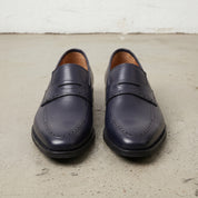 Men's Dark Blue Apron-Toe Leather Penny Loafers — Aldwych