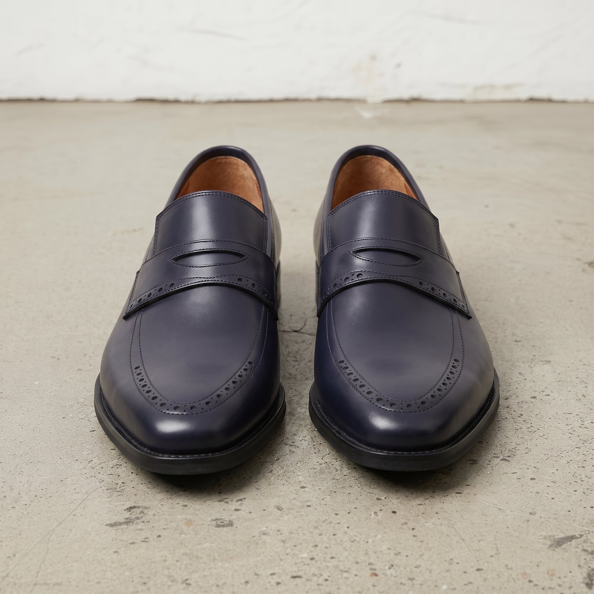 Men's Dark Blue Apron-Toe Leather Penny Loafers — Aldwych