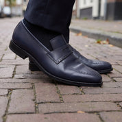 Men's Dark Blue Apron-Toe Leather Penny Loafers — Aldwych