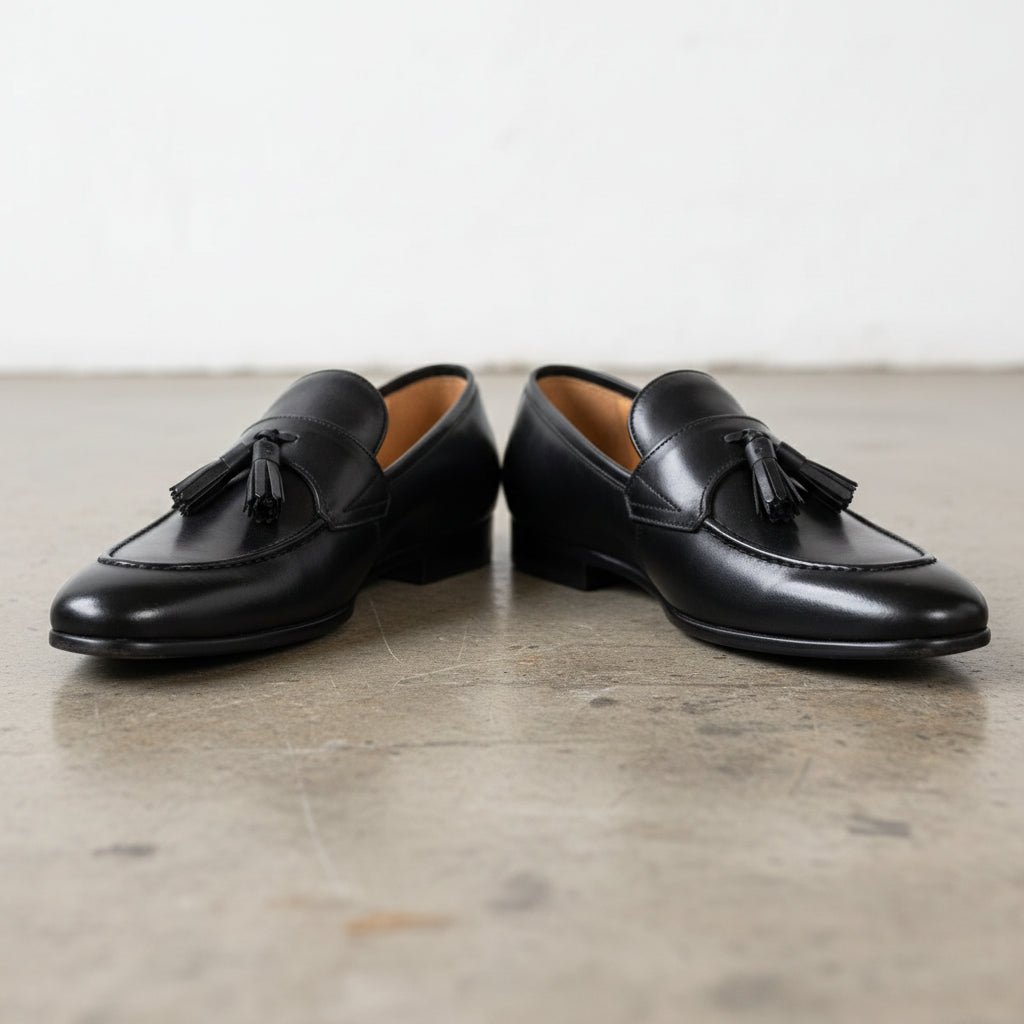 Handcrafted Men's Full Grain Italian Leather Tassel Loafers - angle-view-showing-depth