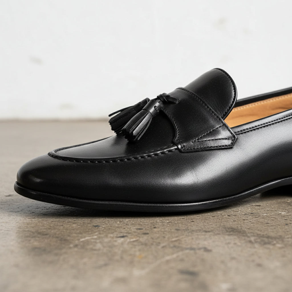 Handcrafted Men's Full Grain Italian Leather Tassel Loafers - detail-view-showing-texture