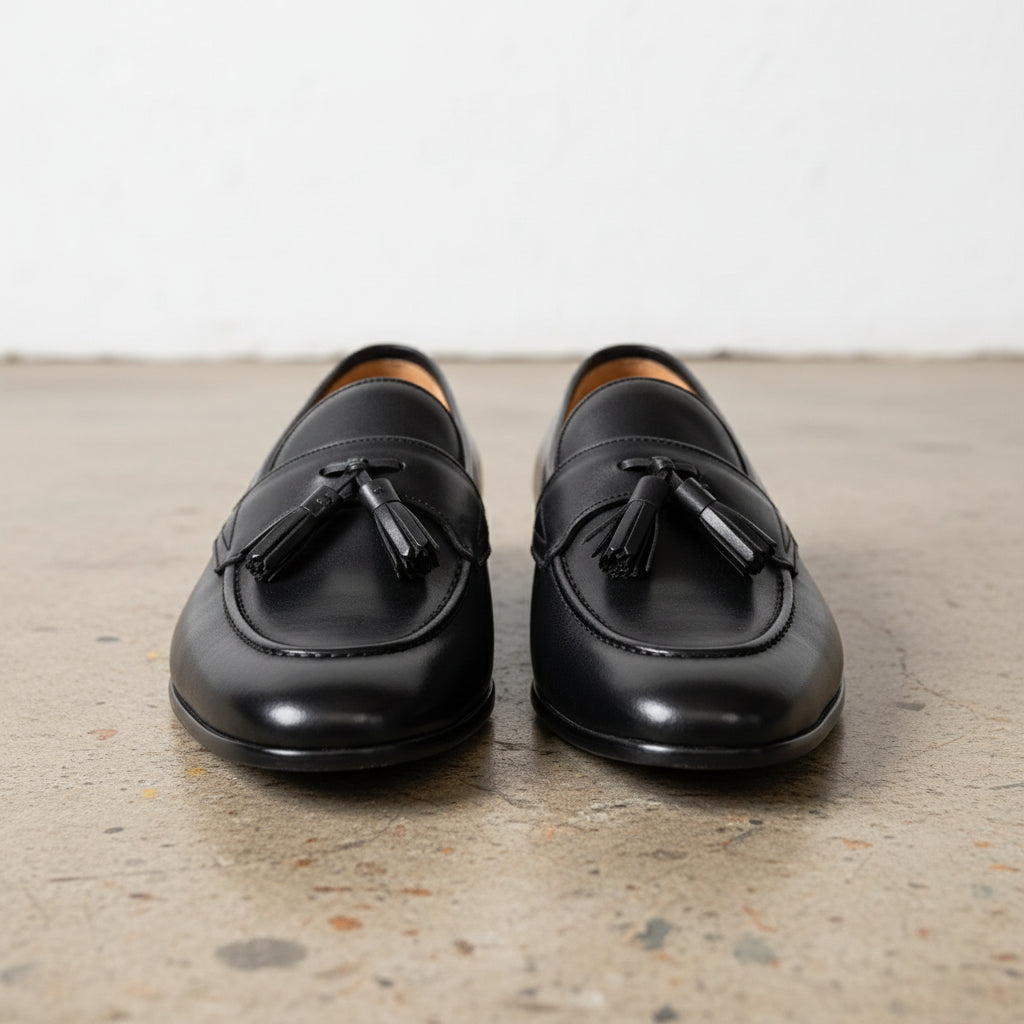 Handcrafted Men's Full Grain Italian Leather Tassel Loafers - front-view