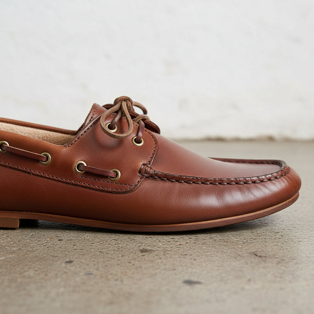 Handcrafted Men's Full Grain Premium Leather Boat Shoes - detail-view-showing-texture