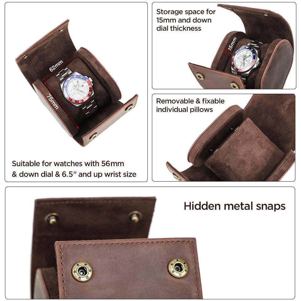 Genuine Leather Single Slot Portable Watch Roll Case