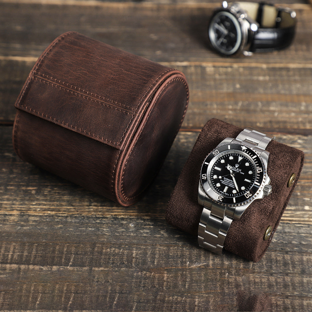 Genuine Leather Single Slot Portable Watch Roll Case