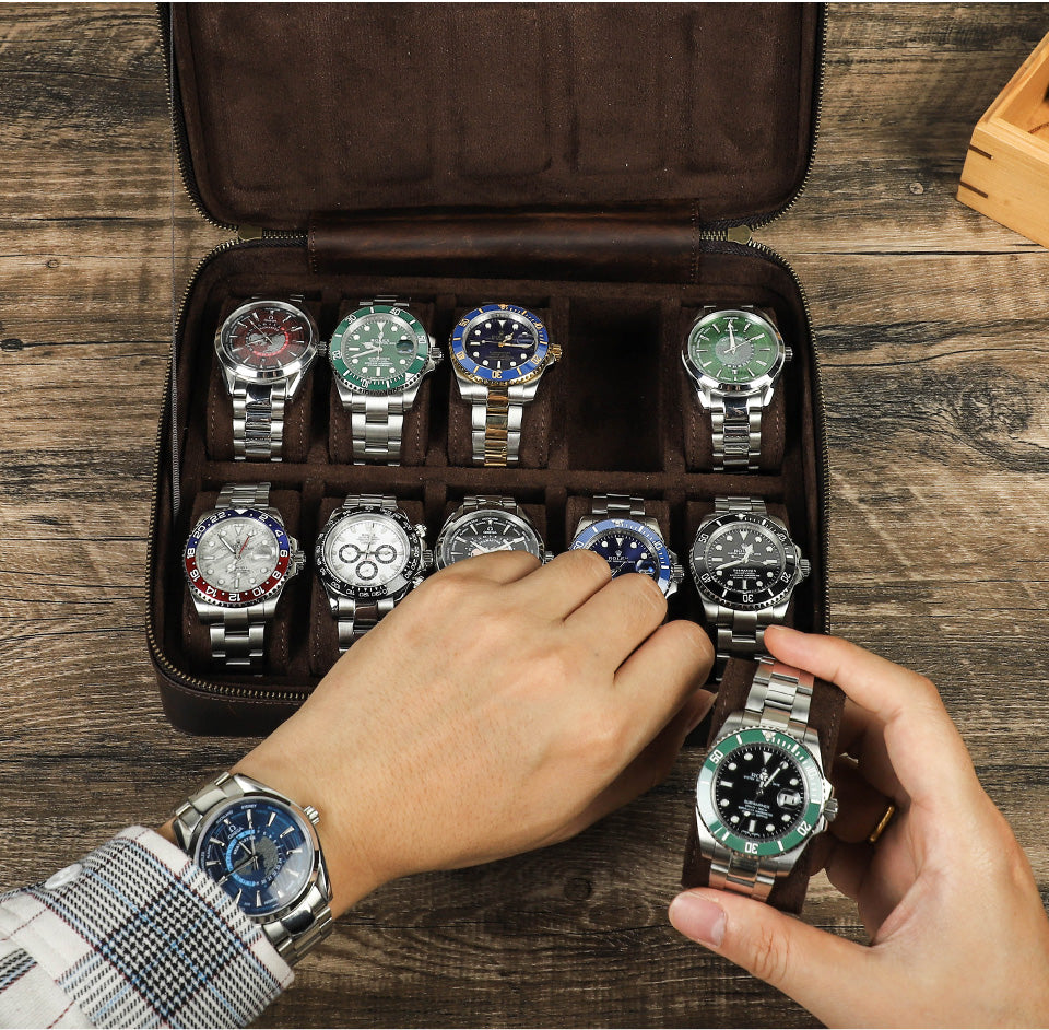 Handmade 10 Slot Crazy Horse Leather Watch Box